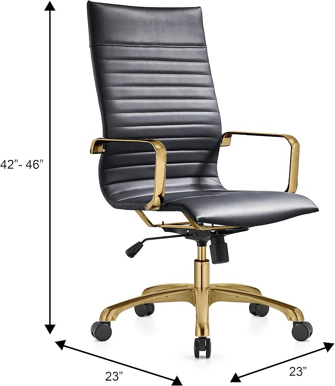 LeisureMod Harris High-Back Task Office Chair - Modern Leather Upholstery with Gold Frame, Ribbed Design 360 Degree Adjustable Swivel for Home, Office, and Study Room