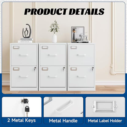Fesbos 2 Drawers File Cabinet White Metal Vertical Filing Cabinets Metal Lockable Storage Cabinets with Lock for Home Office to Hanging Files