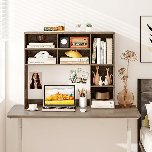 LDAILY Desktop Bookshelf, 37’’ Wood Desk Shelf with 7 Cubes & 3 Adjustable Shelves, 3-Tier Desk Display Rack, Desk Hutch for Dorm College Office Computer Monitor Up to 27’’ (Grey Oak, 7 Shelves)