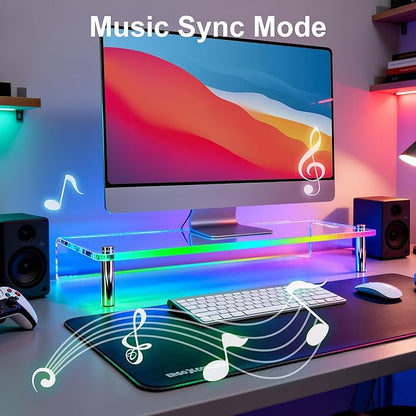 0.39" Extra Thick Acrylic Monitor Stand Riser, Clear | 23.6” x 9.1" x 3.5" Acrylic Desk Shelf with RGB Lighting & Dual Control-App & Button Control,for Office Desktop Organizer