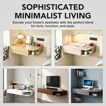 Corner Floating Desk with Drawer, Wall Mounted Desk with Open Shelving, Floating Makeup Vanity with Storage, Scratch-Resistant, Space Saving, for Bedroom Living Room Small Spaces Apartment