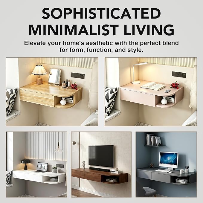 Corner Floating Desk with Drawer, Wall Mounted Desk with Open Shelving, Floating Makeup Vanity with Storage, Scratch-Resistant, Space Saving, for Bedroom Living Room Small Spaces Apartment