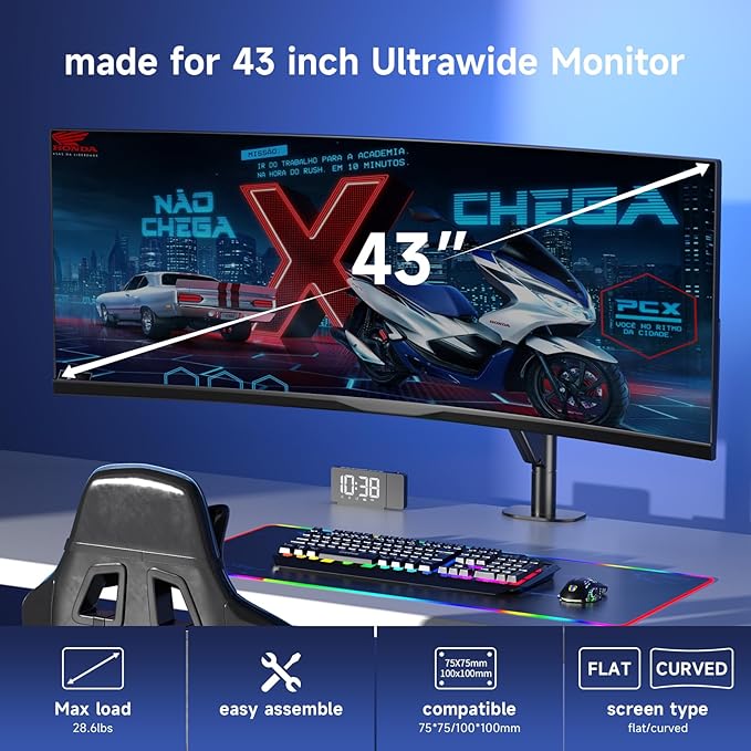 Pholiten Premium Aluminum Heavy Duty Monitor Arm, Ultrawide Monitor Mount with Clamp/Grommet Mounting Base, Adjuastable Gas Spring Arm for up to 43 inchs and 28.6lbs, Black