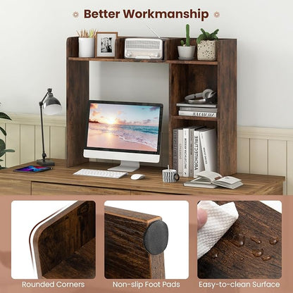 GOFLAME 5 Shelves Desktop Bookshelf, Wood Desk Hutch Dorm for Computer Desk, Countertop Display Rack, 3-Tier Desk Storage Organizer Shelf for Dormitory, Home Office, Study, Rustic Brown