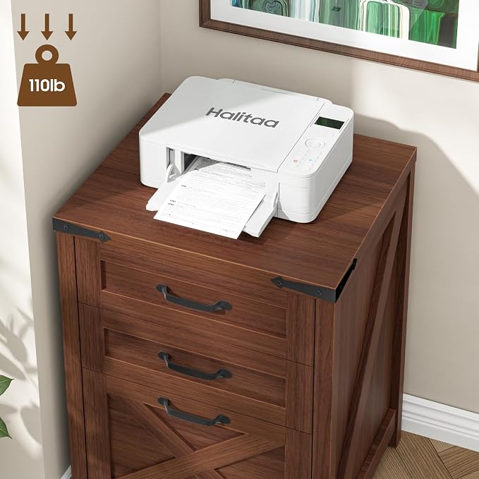 Halitaa 3 Drawer Small File Cabinet, Farmhouse Vertical Filing Cabinet Fits Letter and A4 Size, Under Desk Wooden File Cabinets for Home Office, Printer Stand, Walnut