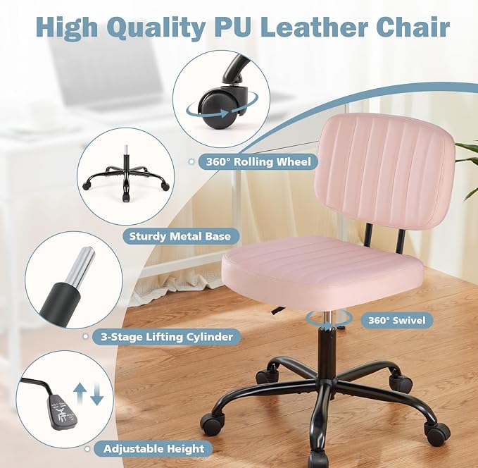 DUMOS Armless Home Office Chair: Small Desk Chair with Low Back Lumbar Support, Height Adjustable PU Leather Computer Task with 360° Swivel Wheels, for Adults, Pink