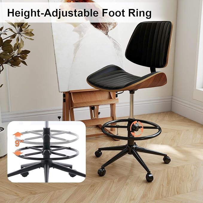 Drafting Chair, Ergonomic Office Chair with Walnut Wood Back Support, Armless PU Leather Desk Chair with Height-Adjustable, Thick Cushion for Home, Bar, Drafting, Office (Black)