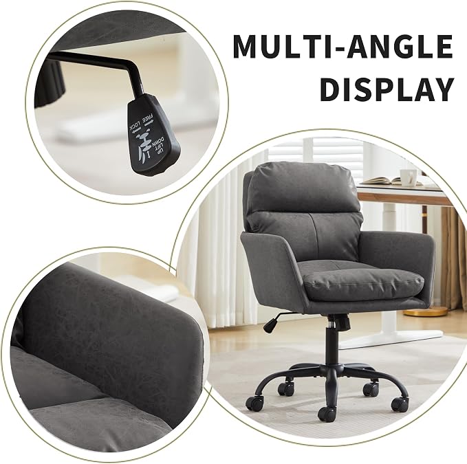 YITAI Adjustable Home Office Desk Chair with Comfy Square Mid-Back, Faux Leather 360 Swivel Upholstered Task Armchair with Wheels for Vanity Bedroom/Living Room,Study Gray