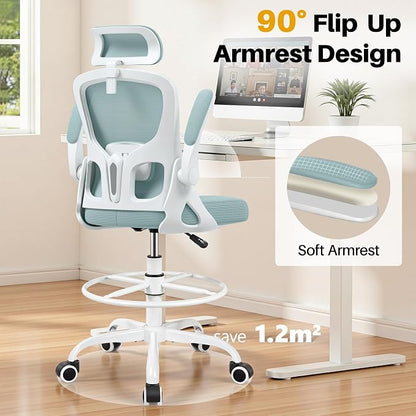 Drafting Chair, Tall Office Chair for Standing Desk, Ergonomic High Back with Headrest, Lumbar Support, Foot Ring and Flip-up Armrests, Light Blue