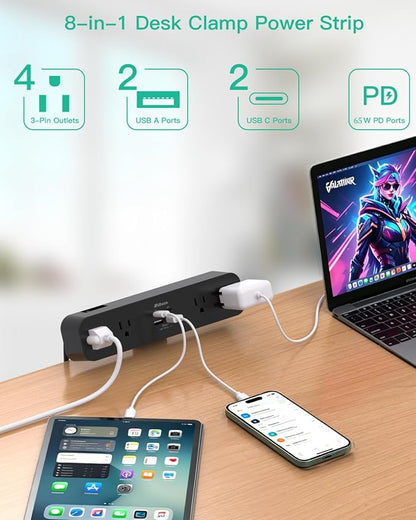 65W USB C Desk Clamp Power Strip, 8-in-1 Desktop Mount Surge Protector with 4 AC Outlets 2 USB-C & 2 USB-A Ports, PD 65W Fast Charging Station, 5Ft Extension Cord, Desk Edge Mount for Home, Black