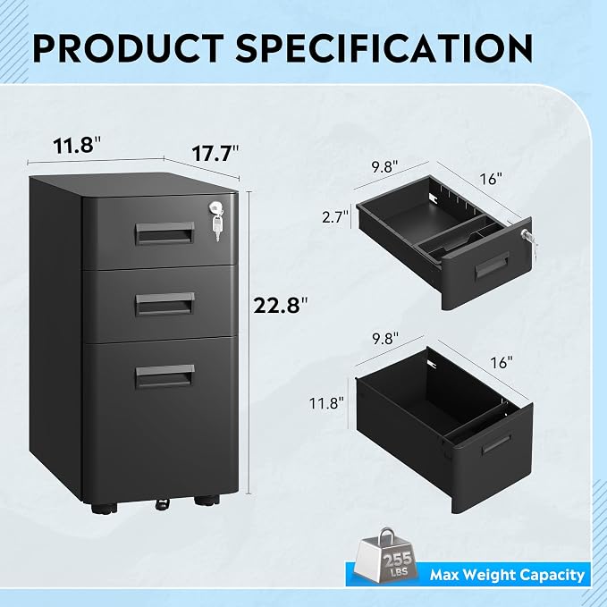 DEVAISE 3 Drawer File Cabinet with Lock, Under Desk Metal Filing Cabinet with Wheels for Home Office Organizer Letter/Legal/A4, Fully Assembled Except Casters, Black