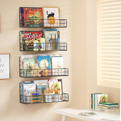 MFTEK Wall Mounted Metal Kids Bookshelf - Wall Book Shelf for Kids Rooms, Hanging Book Shelves Organizer for Room Decor, Nursery Classroom Home Floating Bookshelves Gloss Black 4 Pack