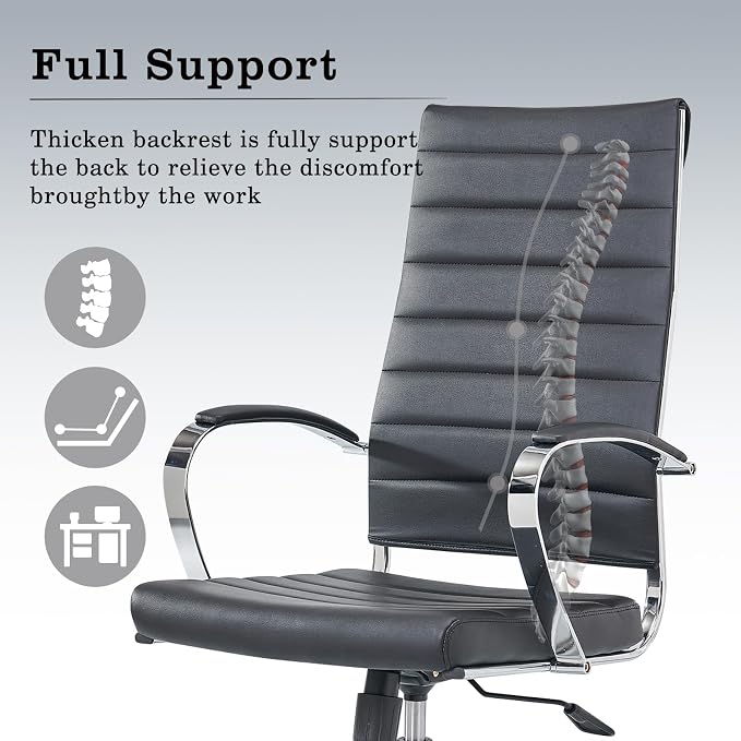 High Back Office Chair with Armrest, Black Adjustable Swivel Chair in Durable Vegan Leather, Ergonomic Desk Chair for Extra Back & Lumbar Support – Black