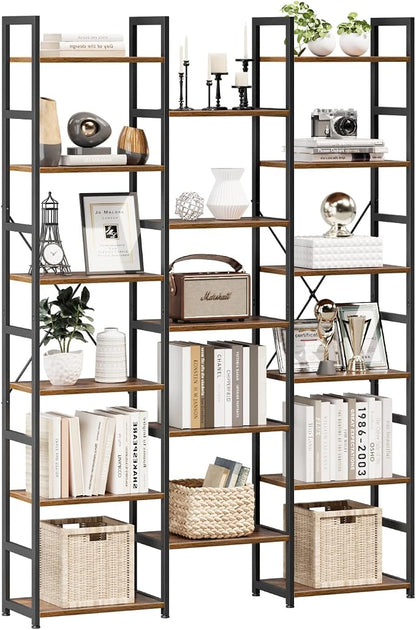 NUMENN Triple Column 6 Tier Bookshelf, Bookcase with 17 Open Display Shelves, Adjustable Rustic Industrial Style Book Shelves, Modern Bookshelves for Bedroom, Living Room and Home Office, Vintage
