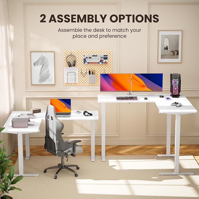 ErGear L Shaped Standing Desk, 63"x55" Electric Adjustable Height Sit Stand up Desk, Ergonomic Large Computer Table, Left & Right Interchangeable Installation, Suitable for Home Office, White