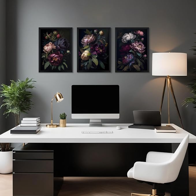 ICHZUMW Moody Peony Floral Canvas Wall Art Set of 3, Black Wood Framed Dark Academia Gothic Botanical Wall Decor, Ready to Hang Fade‑Resistant Flower Pictures for Bedroom Living Room Bathroom, 12×16in