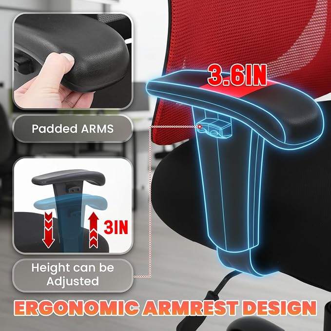 Big and Tall Office Chair 400lbs Desk Chair Mesh Computer Chair with Lumbar Support Wide Seat Adjust Arms Rolling Swivel High Back Task Executive Ergonomic Chair,Red