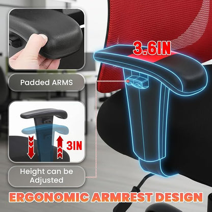 Big and Tall Office Chair 400lbs Desk Chair Mesh Computer Chair with Lumbar Support Wide Seat Adjust Arms Rolling Swivel High Back Task Executive Ergonomic Chair,Red