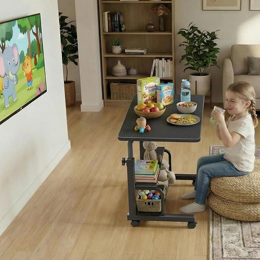 WINAZ Small Portable Rolling Kids Desk - 32" Mobile Laptop Desk with Wheels for Small Spaces, Height Adjustable C Shaped Side Table with 2-Tier Storage Shelves, Black