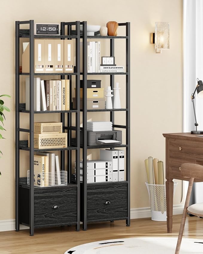 Furologee Book Shelf Set of 2, 6 Tier Tall Shelf with Drawer, Bookshelves and Bookcases Set of 2, Industrial Display Shelving Unit for Bedroom, Living Room, Home Office, Black Oak