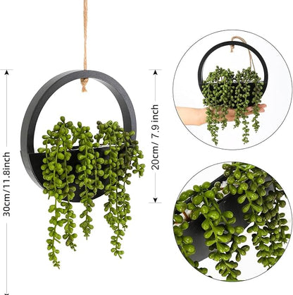 2 Pack Fake Plants Artificial Wall Hanging Plants, Boho Hanging Planter Fake Succulents Artificial String of Pearls in Black Wooden Pots with Lanyard for Home Office Wall Decoration