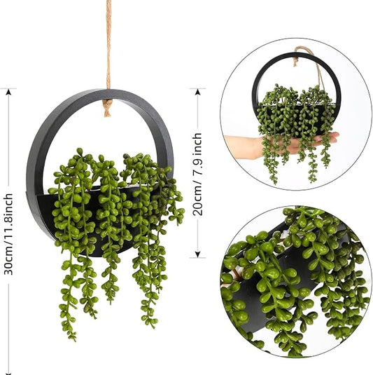 2 Pack Fake Plants Artificial Wall Hanging Plants, Boho Hanging Planter Fake Succulents Artificial String of Pearls in Black Wooden Pots with Lanyard for Home Office Wall Decoration