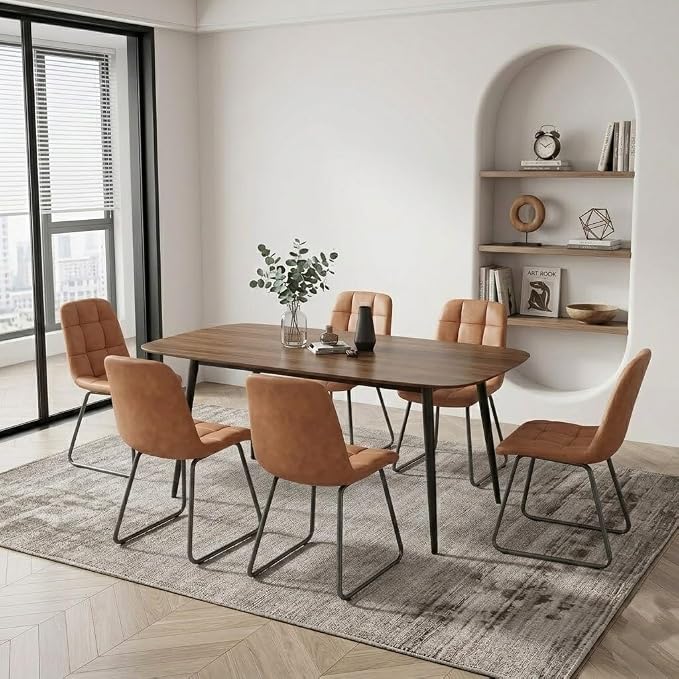 HIPIHOM 55 Inch Modern Wood Dining Table Set for 6 with Black Leather Chairs - Kitchen & Dining Room Furniture, Gray Table & 6 Seater Chairs Set (55.1")