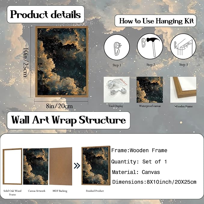 Dark Academia Cloud Wall Art, Vintage Moody Celestial Canvas Wall Decor Paintings, Maximalist Gold Night Sky Stars Aesthetic Posters Prints Pictures for Living Room Bedroom Home Decor 8x10 In Framed