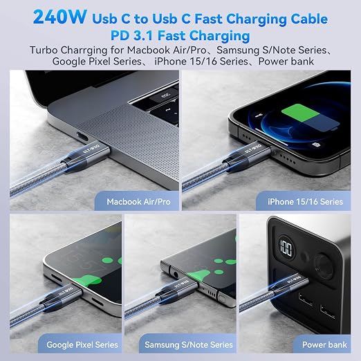 ULT-WIIQ 13FT Nylon Braided USB C to USB C 3.2 Gen 2 x 2 Video Cable for 8K Monitor, 4K@144Hz/60Hz Display Cable, 20Gbps Data Transfer, PD 3.1 Supports 240W Fast Charging, for Laptop, PC, SSD…