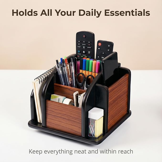 Wooden Desk Organizer with 6 Compartments, Remote Control Holder, Office Storage Caddy, Black and Brown Desk Organizer for Office Supplies