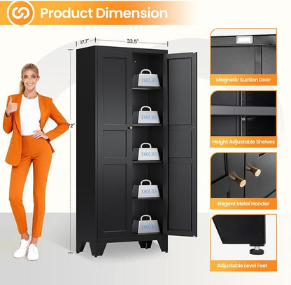 72" Tall Kitchen Cabinet Storage Unit With 2 Doors and 4 Adjustable Shelve, Metal Black Freestanding Cupboard, 5 Tier Kitchen Pantry Storage Cabinet for Kitchen Dining/Living Room/Garage/Home/Office