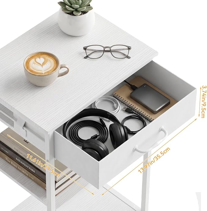 Printer Stand with Fabric Drawer, 3-Tier Industrial Sturdy Under Desk Printer Cart with Open Storage, Narrow Printer Table for Home Office, Fits Printer Scanner Fax Machine, White