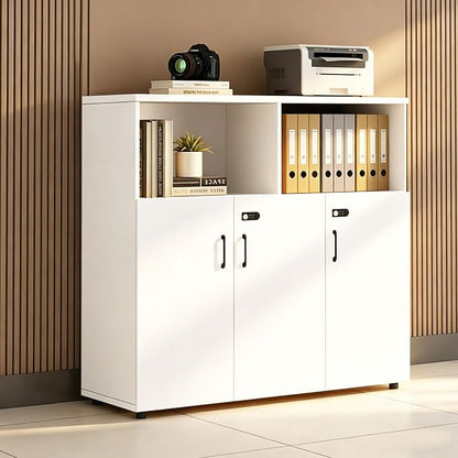 File Cabinet with Password Lock, Wood Lateral Filing Cabinet for Letter/A4 Files, 3 Drawer with Door, Printer Stand with Open Shelves for Home Office