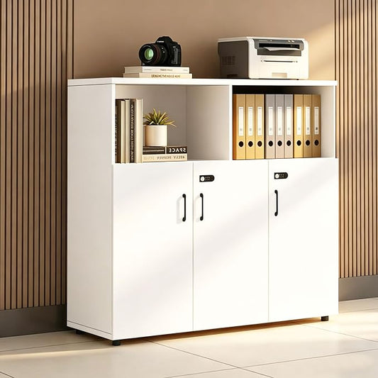 File Cabinet with Password Lock, Wood Lateral Filing Cabinet for Letter/A4 Files, 3 Drawer with Door, Printer Stand with Open Shelves for Home Office