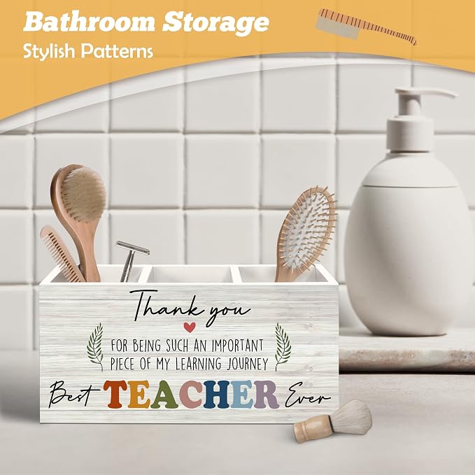 Teacher Appreciation Gifts Pen Holder Organizer for Desk Accessories, End of Year Thank You Teacher Gifts for Women Men Wooden Box Sign Desk Decorations for Office Classroom Tabletop
