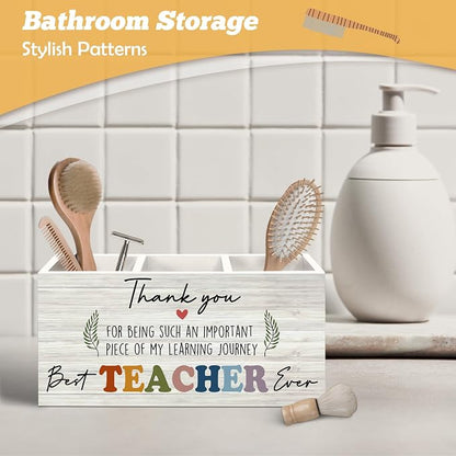 Teacher Appreciation Gifts Pen Holder Organizer for Desk Accessories, End of Year Thank You Teacher Gifts for Women Men Wooden Box Sign Desk Decorations for Office Classroom Tabletop