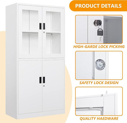 STANI Metal Storage Cabinet, Locking Steel Cabinet with Shelves, Tall Metal Utility 2 Doors, Lockable Steel Cabinets for Home Office (4 Doors, White)