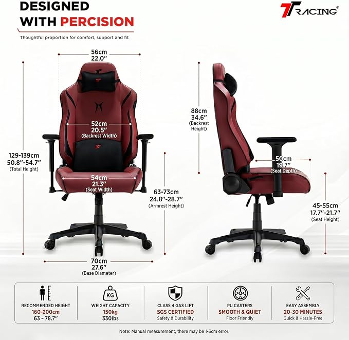 TTRACING Ergonomic Gaming Chair with 22-Inch Extra Wide Seat | Premium cold-molded foam desk seating for home office setup. Features 135° recline and heavy-duty frame Red