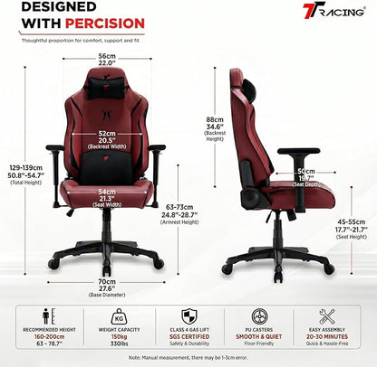 TTRACING Ergonomic Gaming Chair with 22-Inch Extra Wide Seat | Premium cold-molded foam desk seating for home office setup. Features 135° recline and heavy-duty frame Red
