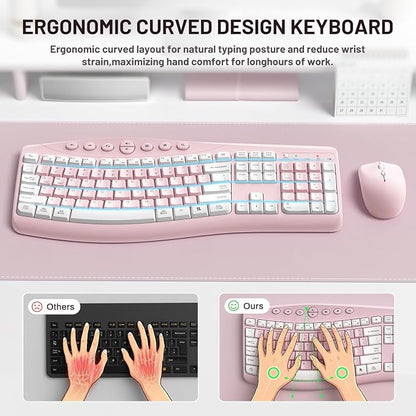 Wireless Keyboard and Mouse Combo,2.4G Full Size Ergonomic Curved Silent Keyboard with Fn Multimedia Keys for Office and Home, 3-DPI Quiet Mouse for Windows,Mac OS Desktop/Laptop/PC (Light Pink-A)