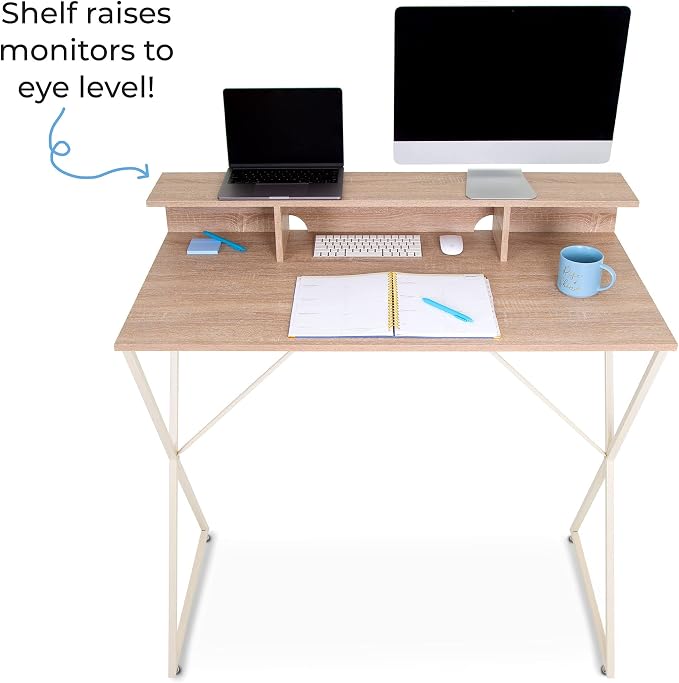 Stand Steady Joy Desk | Modern Stand Up Workstation with Storage Cubbies | Pretty Standing Desk with Large Desktop | Multifunctional Table for Home & Office (Maple / 48 x 42)