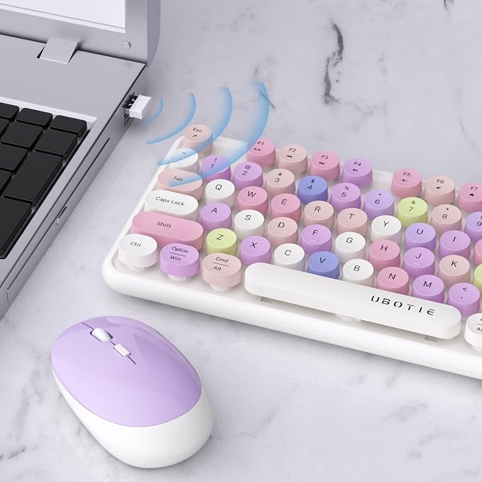 UBOTIE Colorful Wireless Keyboard and Mouse Combos, Retro Typewriter Floating Flexible Full-Sized Keys Computer Keyboard with Optical Mouse, 2.4GHz USB-A Connection for Windows Mac (White-Colorful)