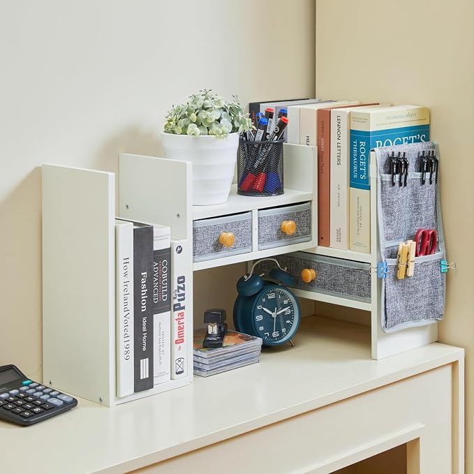X-cosrack Adjustable Desk Shelves for Storage, Desktop Bookshelf with 3 Drawers, White Wood Desk Shelf for Top of Desk, Corner Desktop Organizer for Women Office