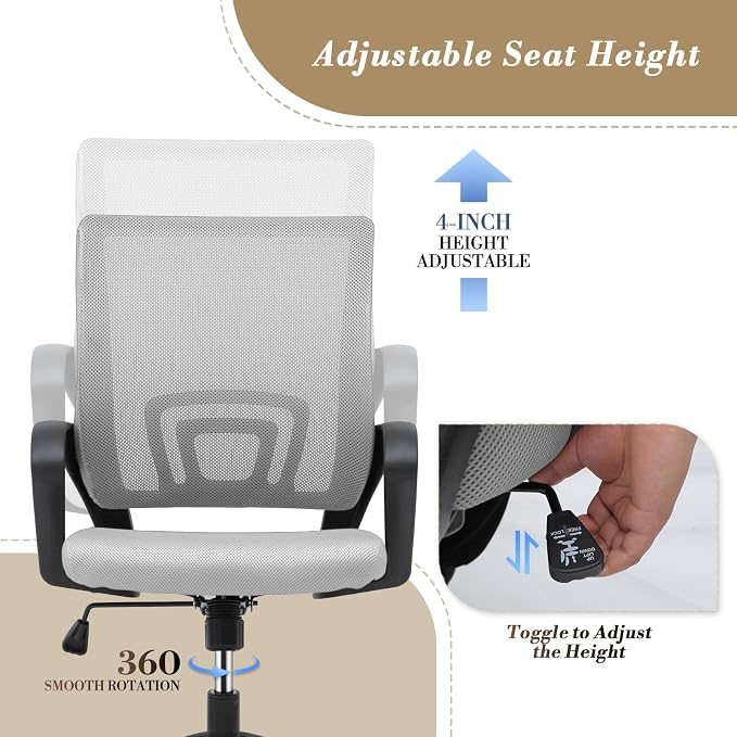 Office Chair Ergonomic - Mesh Desk Chair with Lumbar Support & Wide Seat (300Lbs Capacity) Adjustable Height, Swivel Wheels - for Home Office, Gaming, Bedroom