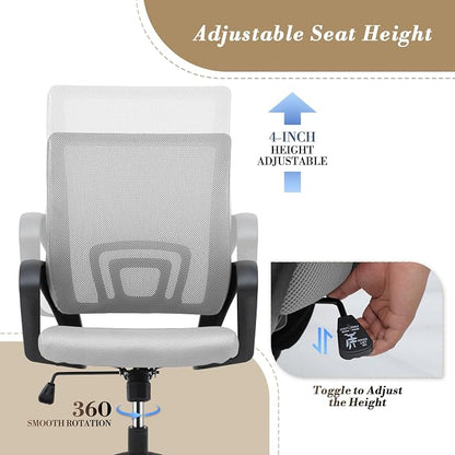 Athena Collection Computer Office Chair Set of 2, Ergonomic Desk Chair with Rolling Wheels, Mesh Back Support and Height Adjustable, Small and Comfy for Home Office, Study, Light Grey