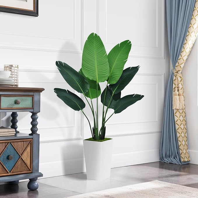 ASTIDY Bird of Paradise Artificial Plant 5FT - Faux Tropical Palm Tree with White Tall Planter - Fake Floor Plant Potted - Artificial Silk Tree for Home Office Living Room Decor Indoor