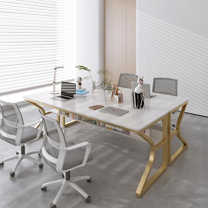 OSCHF Extra Long Desk with Bookshelf - 71" Double Long Writing Table for 2-Person Workstation, Modern Study Work Computer Desk for Home and Office, Gold