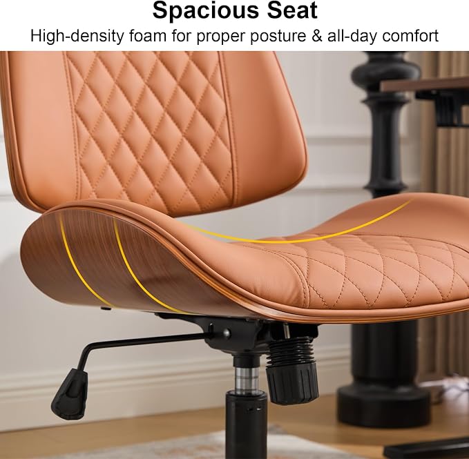 Armless Office Chair with Wheels, Ergonomic Leather Chair, Mid Back 360 Swivel Computer Chair, Modern Walnut Desk Chair for Small Space, Reading, Meeting Room, Brown, Faux Leather