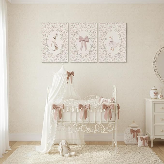 Baby Girl Nursery Wall Art Set of 3, Vintage Cottage Core Nursery Decor, Pink Bow Rabbit Goose Poster Print, Cute Floral Animal Canvas Pictures for Girls Room Kids Bedroom Framed 12x16 Inch