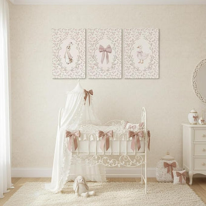Baby Girl Nursery Wall Art Set of 3, Vintage Cottage Core Nursery Decor, Pink Bow Rabbit Goose Poster Print, Cute Floral Animal Canvas Pictures for Girls Room Kids Bedroom Framed 12x16 Inch